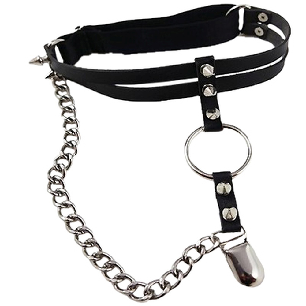 Zac's Alter Ego - Spike Studs with Chain & Clip On Braces Beenharnas - Zwart